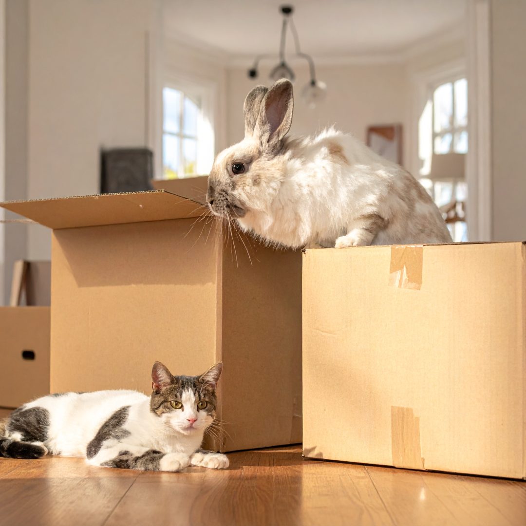 Firefly_Ultra-realistic photograph of a fluffy pet rabbit and a domestic cat in a cozy home,  46473